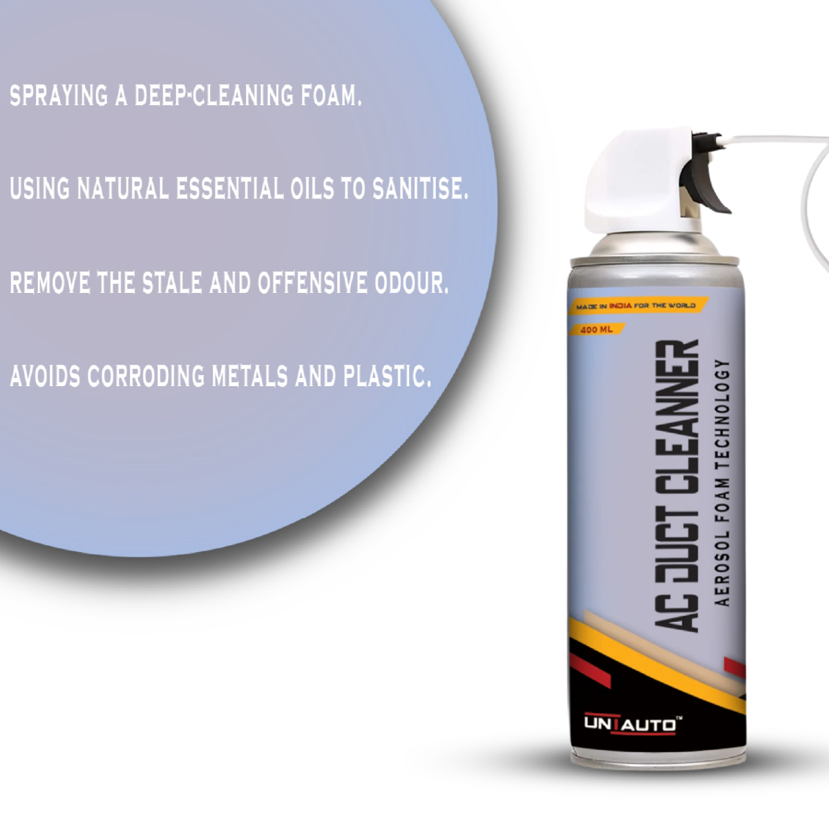 Uniauto AC Duct Cleaner - Foam Aerosol Technology (400ml) | Eliminates Odors & Bacteria for Fresh, Cool Air