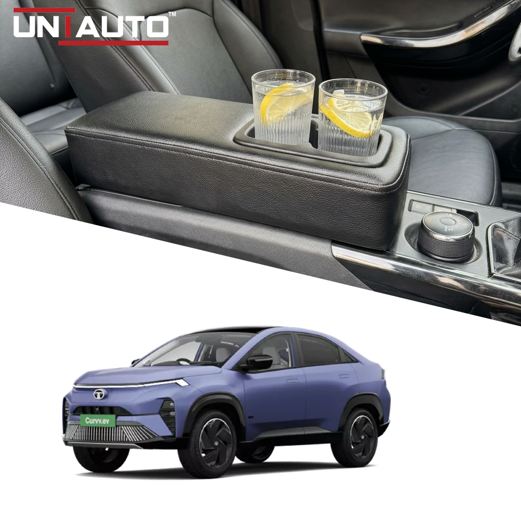 Extended Arm Rest with Dual Cup Holder for Tata Curvv EV | Premium Leatherette Console Armrest Storage cover