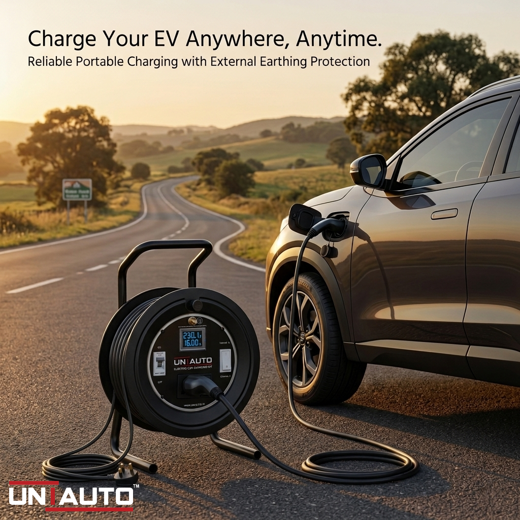 Uniauto EV Portable Extension Reel with External Earthing Mechanism for Portable Chargers (Up to 4kW) – Heavy Duty & Safe Charging Solution