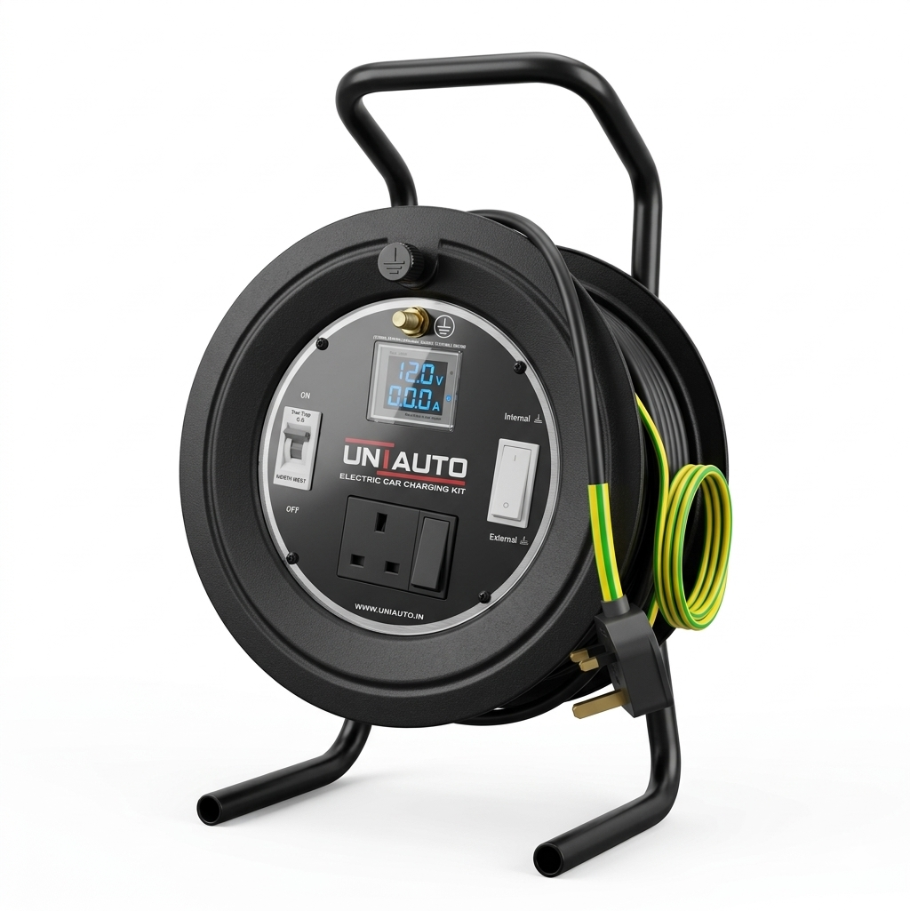 Uniauto EV Portable Extension Reel with External Earthing Mechanism for Portable Chargers (Up to 4kW) – Heavy Duty & Safe Charging Solution
