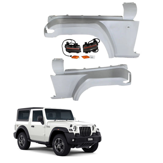 Wrangler-Style Metal Fenders with Led Indicators for Mahindra Thar 2020 onwards | Bolt on Design, No need of Fabrication.