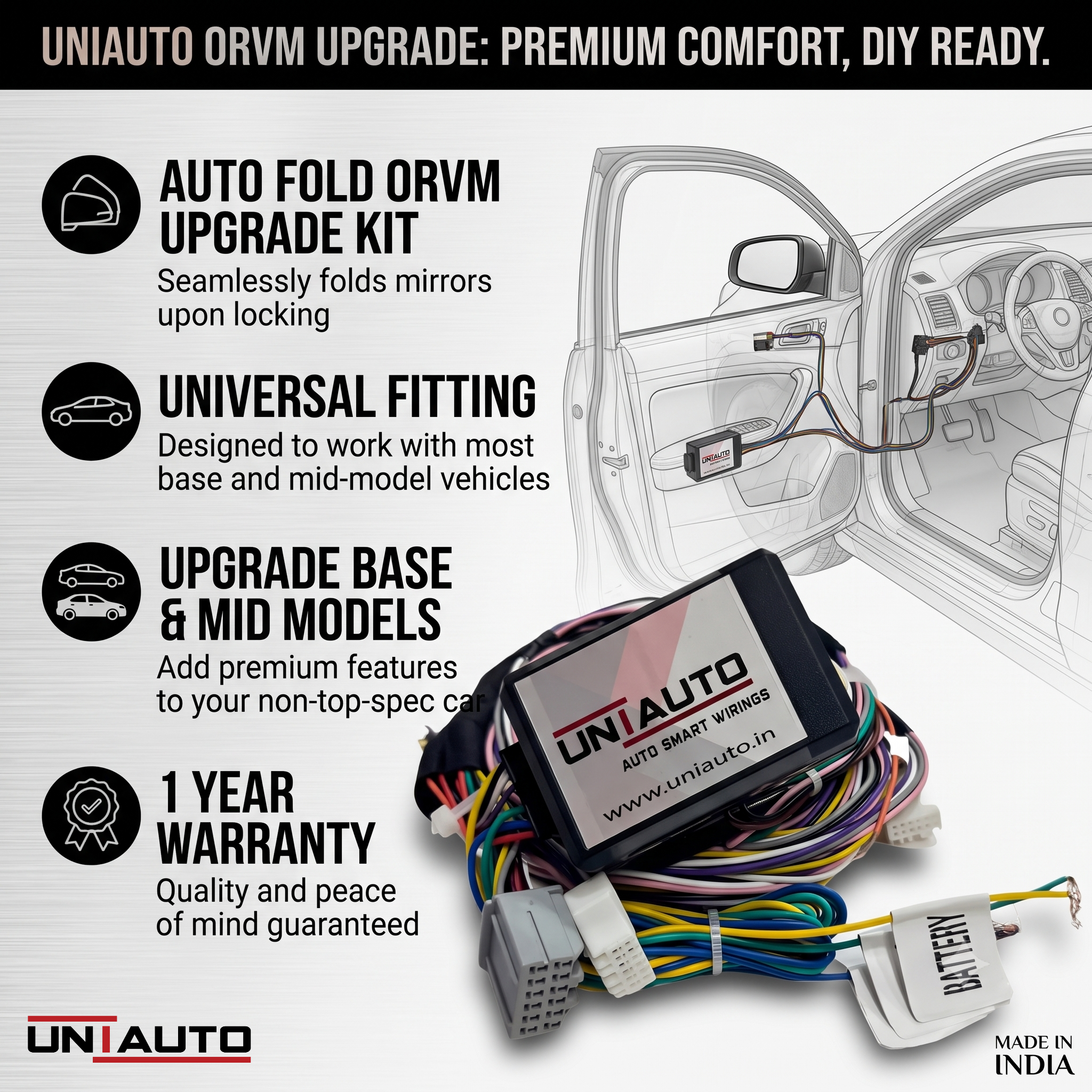 Auto Fold ORVM or Mirror Upgrade kit Universal Fitting | Install Auto fold ORVM into Base and mid models | 1 year warranty