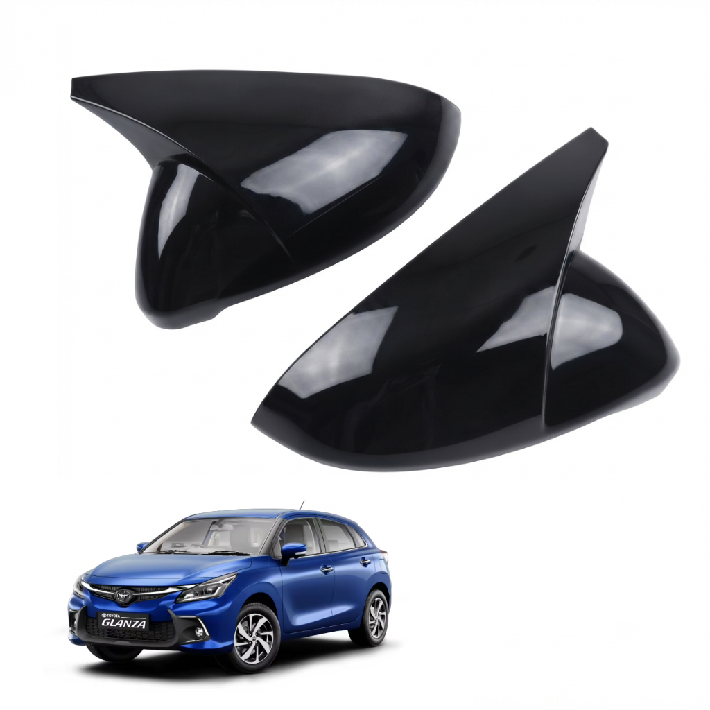 Batman Style ORVM Covers for Toyota Glanza | Premium Gloss Black Mirror Covers