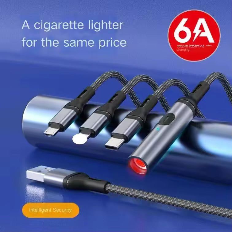 HyperLink 3 in 1 USB Data Cable with a C-Type Port, Lightning Port and Cigarette Lighter | 120W Compatible | Threaded Cable |