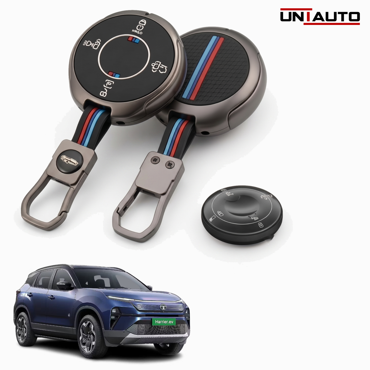 Metal Key Cover for TATA Harrier EV - 4 Button Smart Key (Black) | Zinc Alloy (Pack of 2)