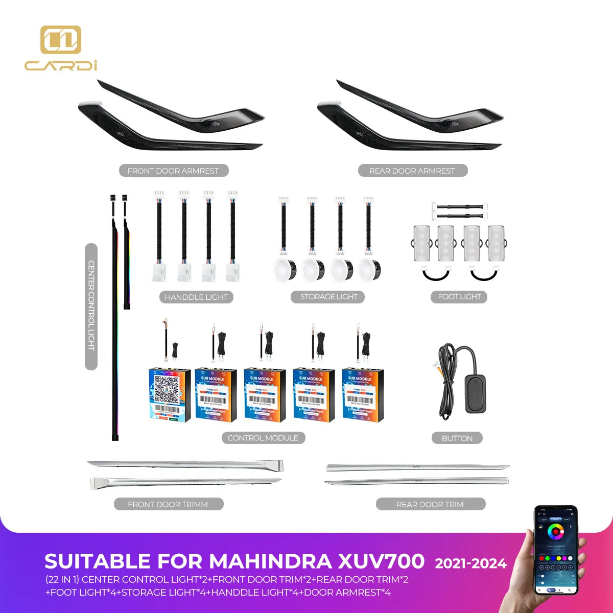 Cardi Ambient Smart LED Specific fit Kit for Mahindra XUV700 with App Control