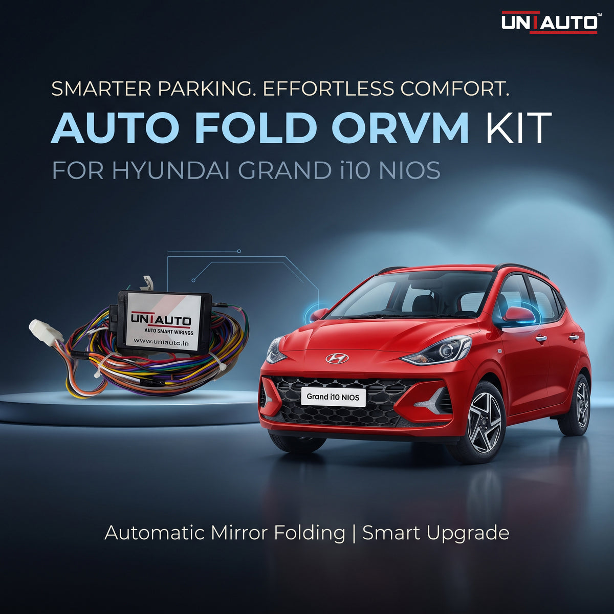 مجموعة طي المرايا الجانبية كهربائياً (Auto Fold ORVM) لسيارة هيونداي جراند i10 نيوس | تركيب نظام طي المرايا الكهربائي في فئات القاعدة والوسط