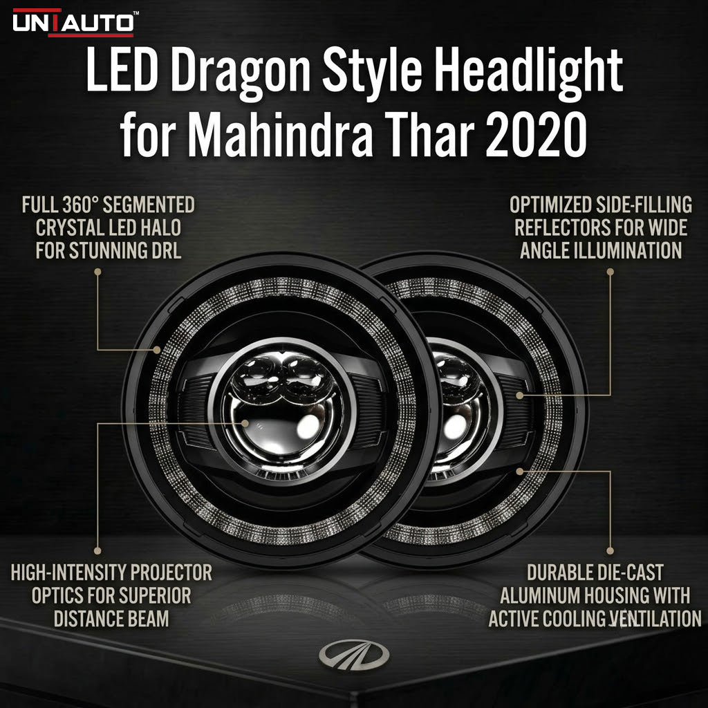 LED Dragon Style Headlight for Mahindra Thar 2020 | High Beam | Low Beam | White DRL | Yellow Indicator