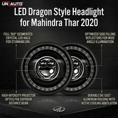 LED Dragon Style Headlight for Mahindra Thar 2020 | High Beam | Low Beam | White DRL | Yellow Indicator