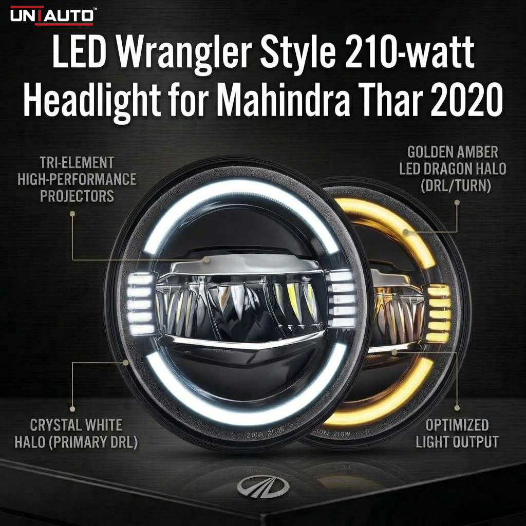 مصباح أمامي LED بنمط رانجلر بقوة 210 واط لسيارة ماهيندرا ثار 2020 | شعاع عالي | شعاع منخفض | إضاءة نهارية بيضاء | إشارة انعطاف صفراء