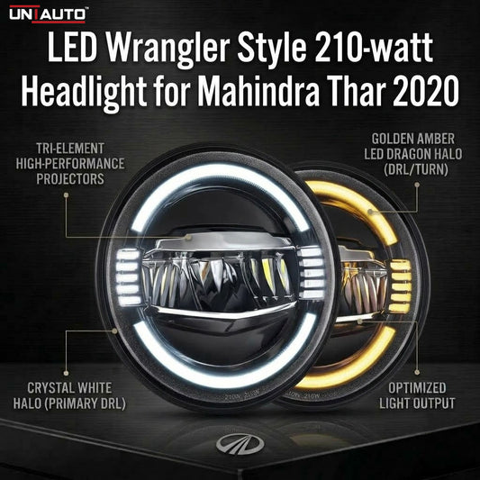 LED Wrangler Style 210-watt Headlight for Mahindra Thar 2020 | High Beam | Low Beam | White DRL | Yellow Indicator