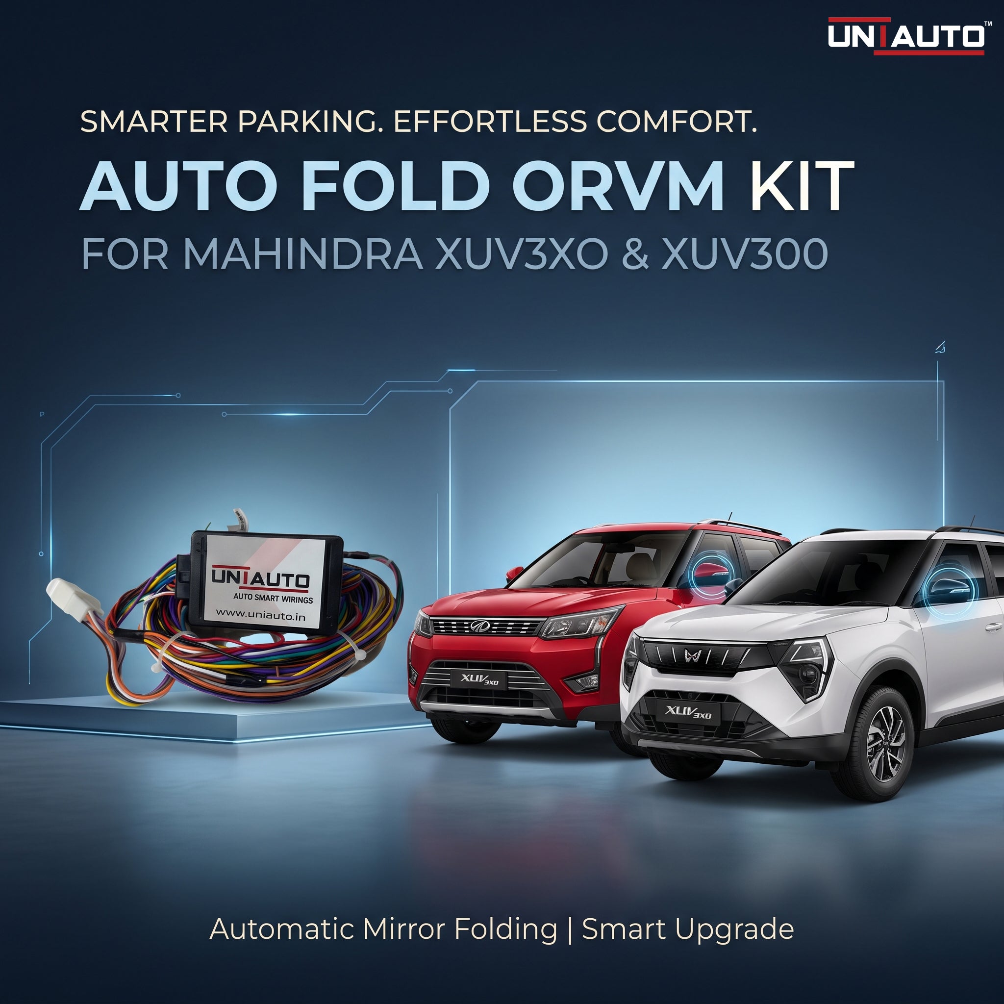 طقم ترقية المرايا الجانبية القابلة للطي تلقائياً (ORVM) لسيارتي ماهيندرا XUV3XO وXUV300 | تركيب مرايا جانبية قابلة للطي تلقائياً في الطرازات الأساسية والمتوسطة