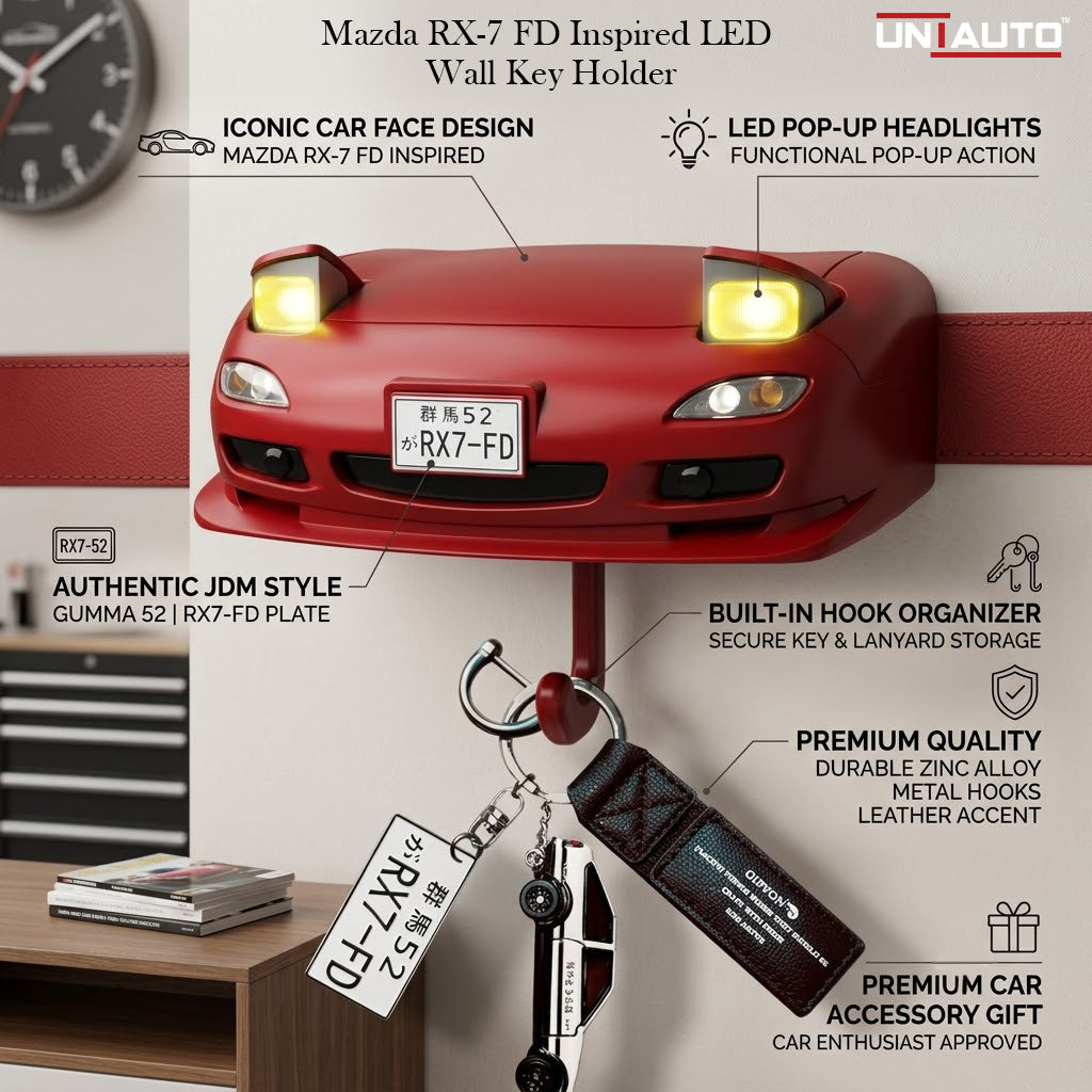 حامل مفاتيح جداري LED بتصميم مستوحى من سيارة مازدا RX-7 FD - منظم خطافي على شكل واجهة سيارة مع مصابيح أمامية قابلة للفتح - علاقة مفاتيح فريدة للمرآب، المنزل، والمكتب - هدية إكسسوار سيارة باللون الأحمر لعشاق السيارات