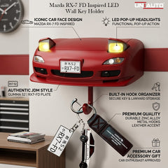 حامل مفاتيح جداري LED بتصميم مستوحى من سيارة مازدا RX-7 FD - منظم خطافي على شكل واجهة سيارة مع مصابيح أمامية قابلة للفتح - علاقة مفاتيح فريدة للمرآب، المنزل، والمكتب - هدية إكسسوار سيارة باللون الأحمر لعشاق السيارات