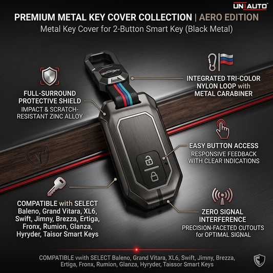 Metal Key Cover for Baleno, Grand Vitara, XL6, Swift, Jimny, Brezza, Ertiga, Fronx, Rumion, Glanza, Hyryder, Taisor 2 Button Smart key