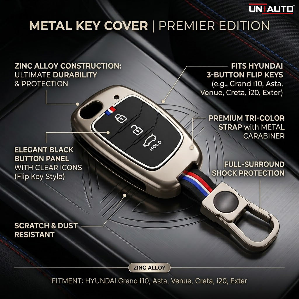 Metal Key Cover for Hyundai Grand i10 NIOS, Asta, Venue, i20, Aura, Exter, Creta, Elantra - 3 Button Flip Key (Black) | Zinc Alloy