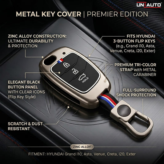 Metal Key Cover for Hyundai Grand i10 NIOS, Asta, Venue, i20, Aura, Exter, Creta, Elantra - 3 Button Flip Key (Black) | Zinc Alloy