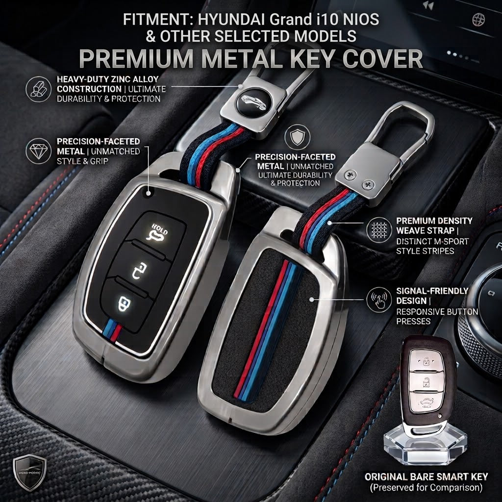 Metal Key Cover for Hyundai Grand i10 NIOS, Asta, Venue, i20, Aura, Exter, Creta, Elantra - 3 Button Smart Key