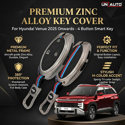Metal Key Cover for Hyundai Venue 2025 onwards - 4 Button Smart Key (Black) | Zinc Alloy (Pack of 2)