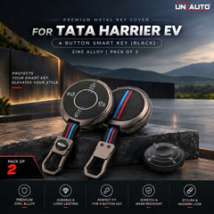غطاء مفتاح معدني لسيارة تاتا هاريير الكهربائية (TATA Harrier EV) - مفتاح ذكي بـ 4 أزرار (أسود) | سبيكة زنك (عبوة من 2)