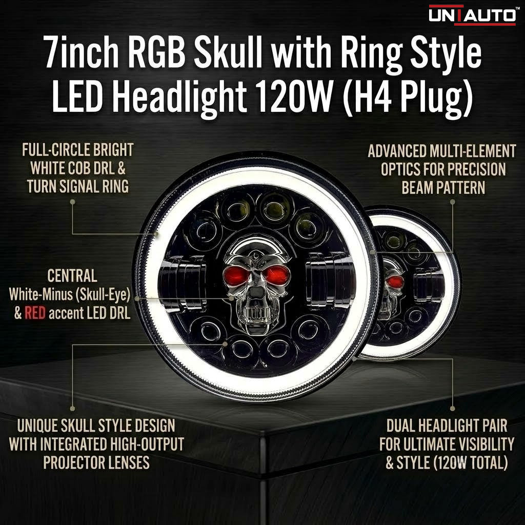 7inch RGB Skull with Ring Style LED Headlight 120W (H4 Plug) | High Beam | Low Beam | White DRL | Yellow Indicator for Thar