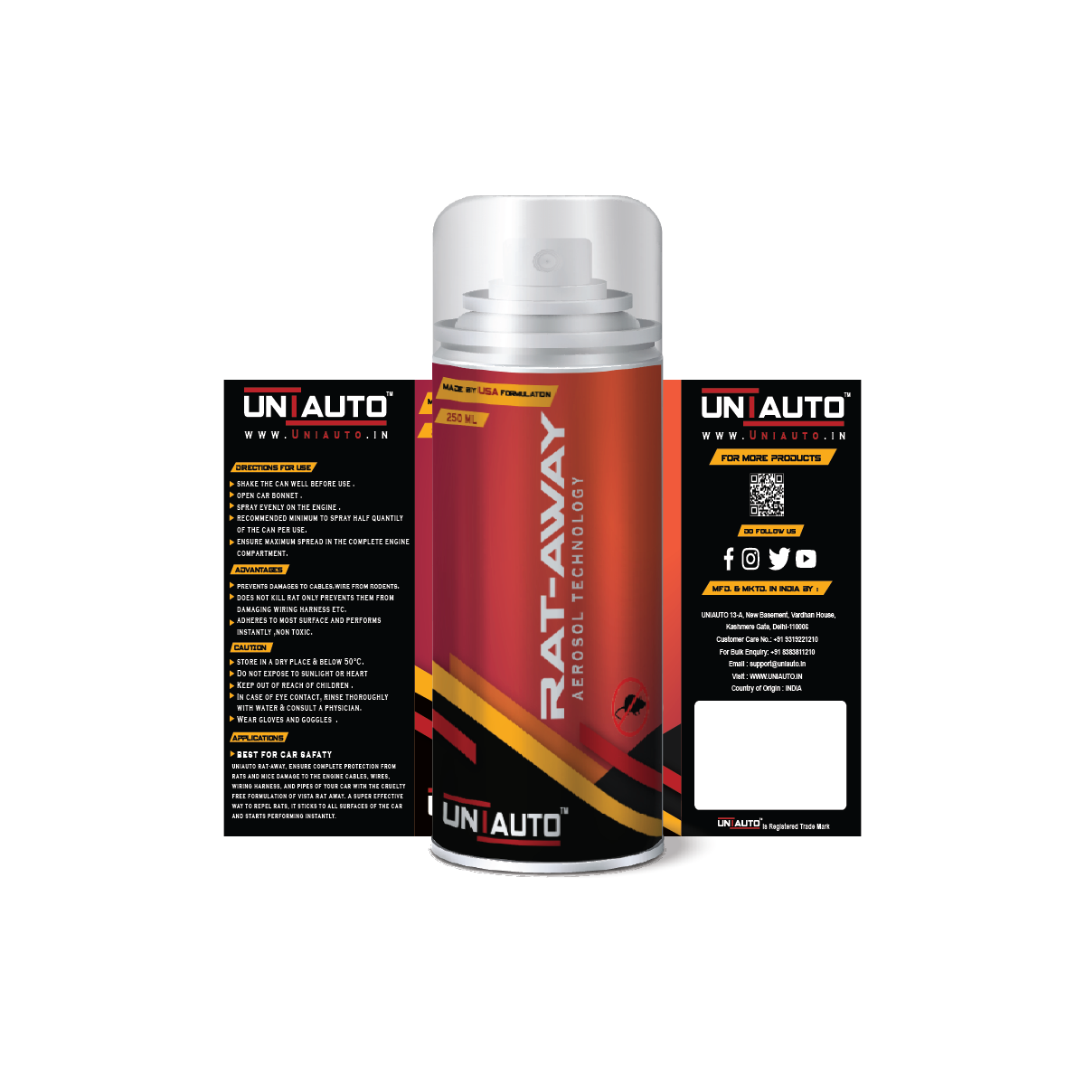 Uniauto Rat-Away – Advanced Aerosol Rat Repellent Spray for Cars | 250ml