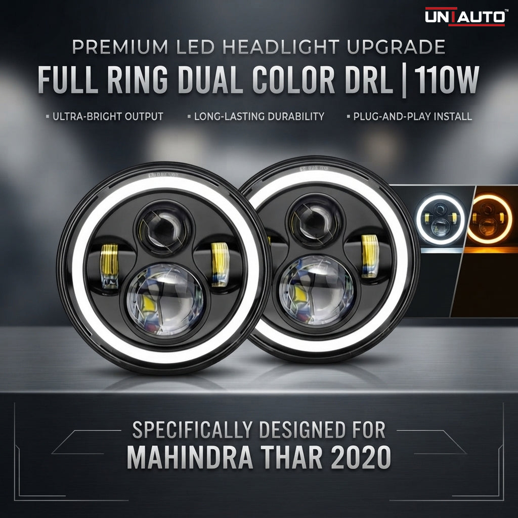 LED Full Ring Dual color DRL 110-watt Headlight for Mahindra Thar 2020 | High Beam | Low Beam | White DRL | Yellow Indicator