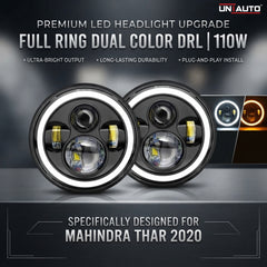 LED Full Ring Dual color DRL 110-watt Headlight for Mahindra Thar 2020 | High Beam | Low Beam | White DRL | Yellow Indicator