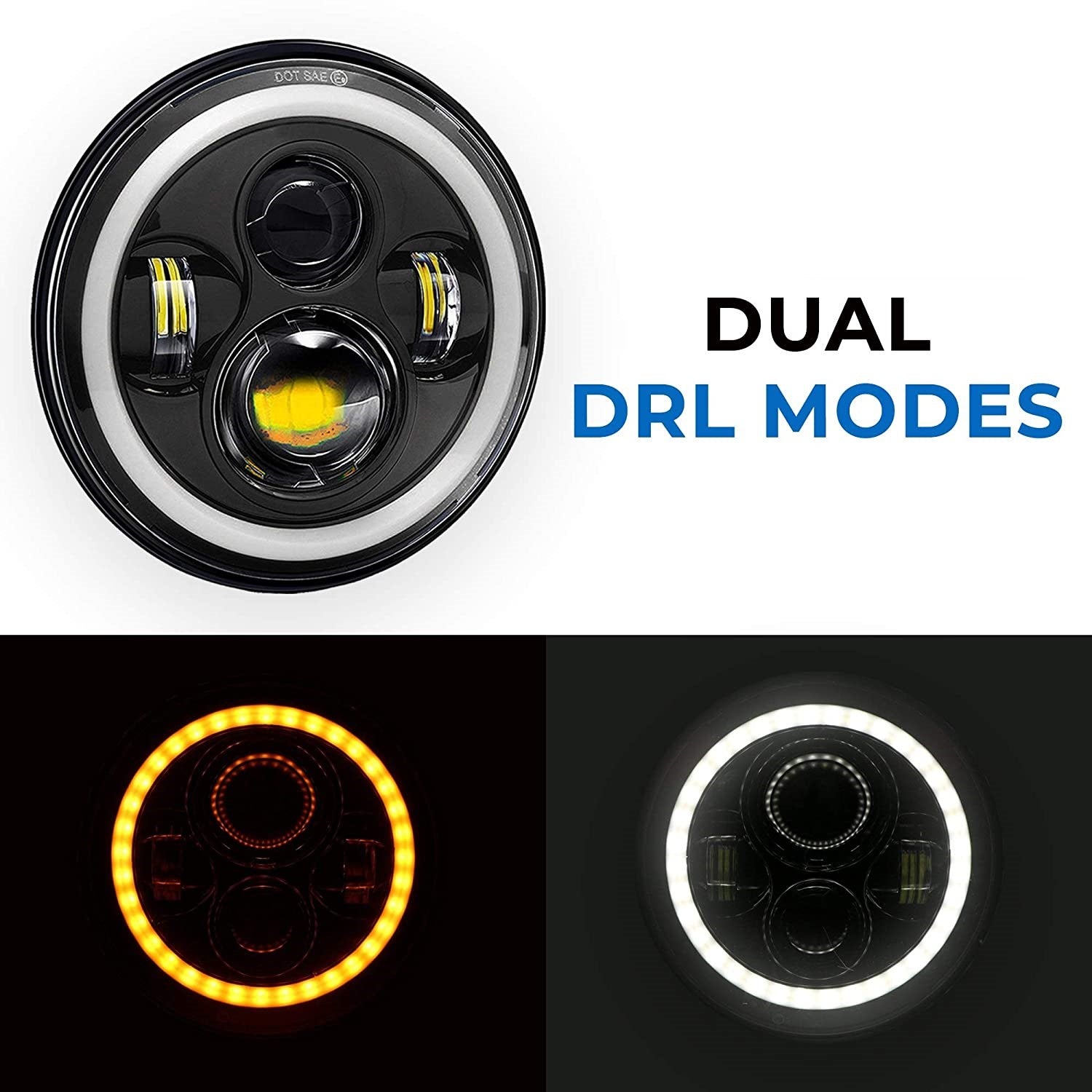 LED Full Ring Dual color DRL 110-watt Headlight for Mahindra Thar 2020 | High Beam | Low Beam | White DRL | Yellow Indicator