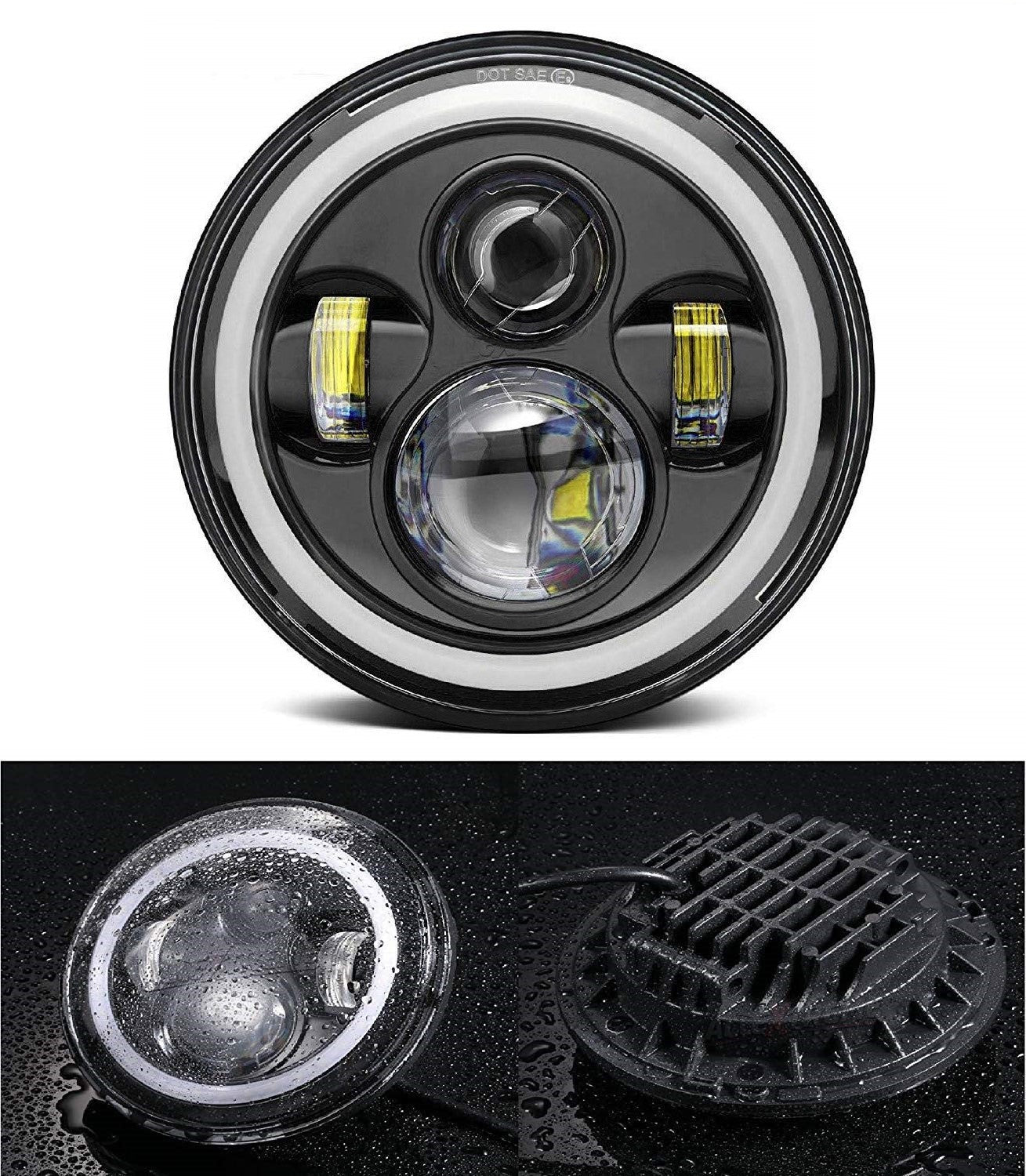 LED Full Ring Dual color DRL 110-watt Headlight for Mahindra Thar 2020 | High Beam | Low Beam | White DRL | Yellow Indicator