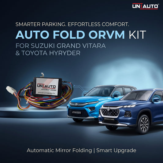 طقم ترقية المرايا الجانبية القابلة للطي تلقائياً (Auto Fold ORVM) لسيارتي سوزوكي جراند فيتارا وتويوتا أوربان كروزر هايريدر | تركيب مرايا قابلة للطي تلقائياً للفئات الأساسية والمتوسطة