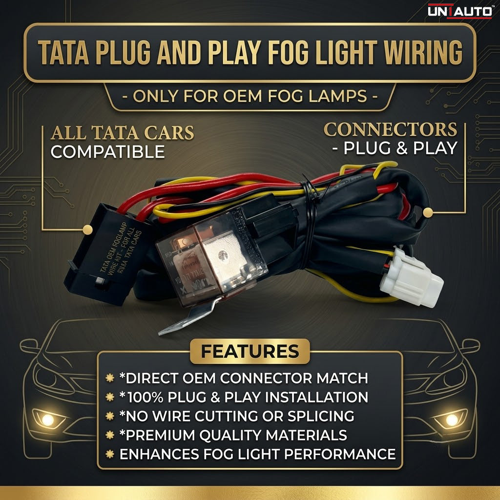 ضفيرة توصيل مصابيح الضباب بنظام "التوصيل والتشغيل" (Plug and Play) من TATA - مخصصة لمصابيح الضباب الأصلية (OEM) فقط | لسيارات TATA نكسون، نكسون EV، بانش، بانش EV، هاريير، سفاري، كيرف وكيرف EV