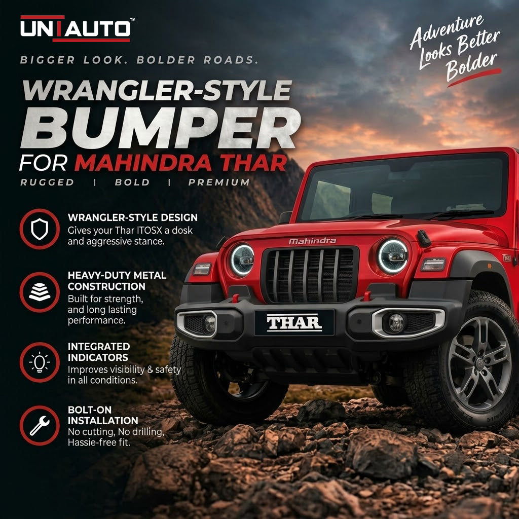 ABS Wrangler Style Bumper with Air Bag and Front Sensor Activation for Mahindra Thar | With Winch Provision