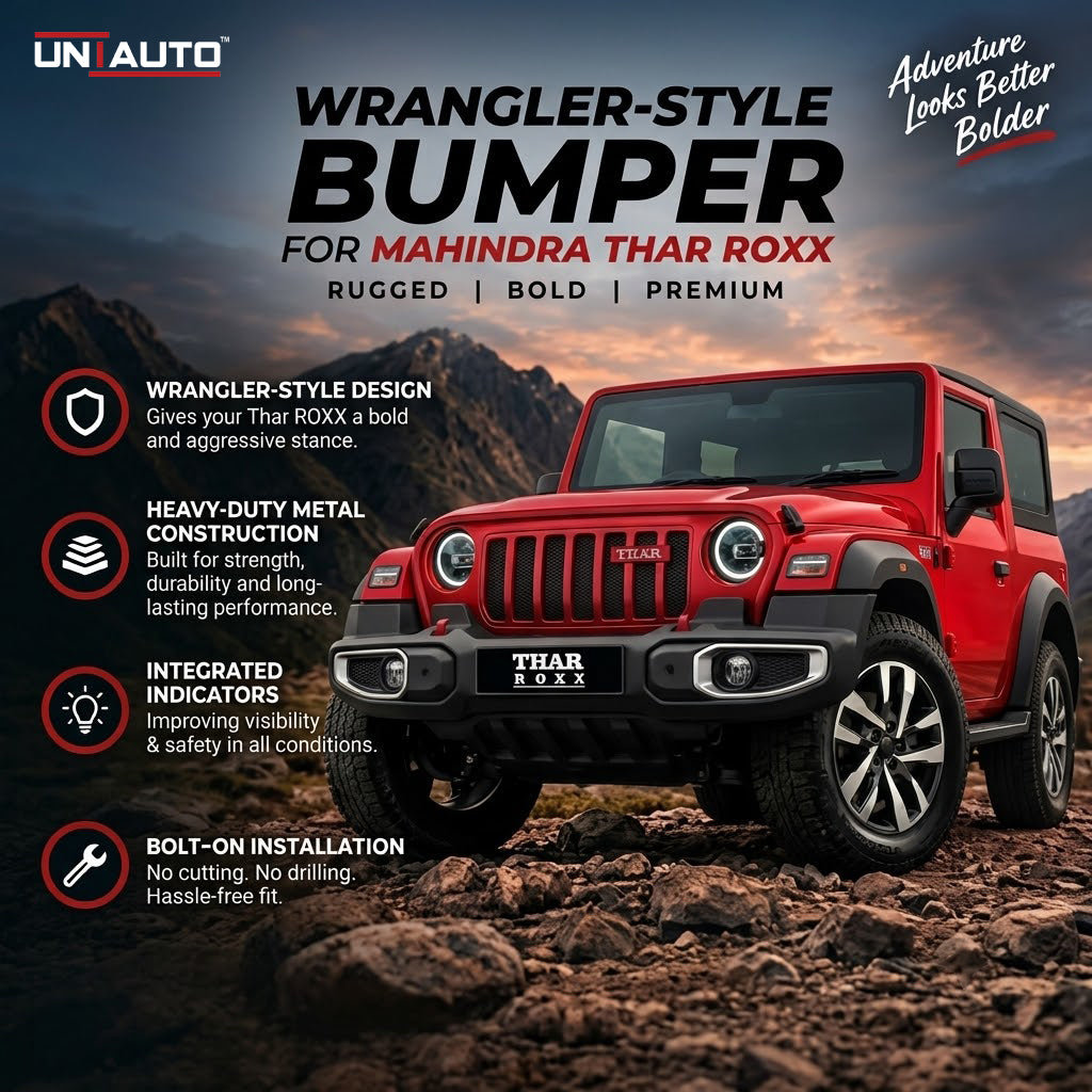 مصد بنمط "رانجلر" من مادة ABS لسيارة ماهيندرا ثار روكس (Mahindra Thar ROXX) | متوافق مع الوسائد الهوائية والمستشعرات | تصميم جاهز لتركيب الرافعة (Winch)