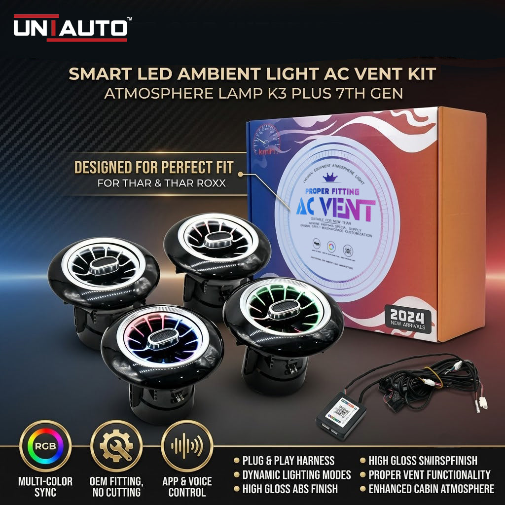 طقم إضاءة محيطية ذكية LED لفتحات التكييف من Uniauto Cardi Ambient، لإضاءة مقصورة السيارة، مصباح جوي K3 بلس الجيل السابع، 4 في 1، تصميم ملائم تماماً لسيارات Thar وThar Roxx | مع تحكم عبر التطبيق