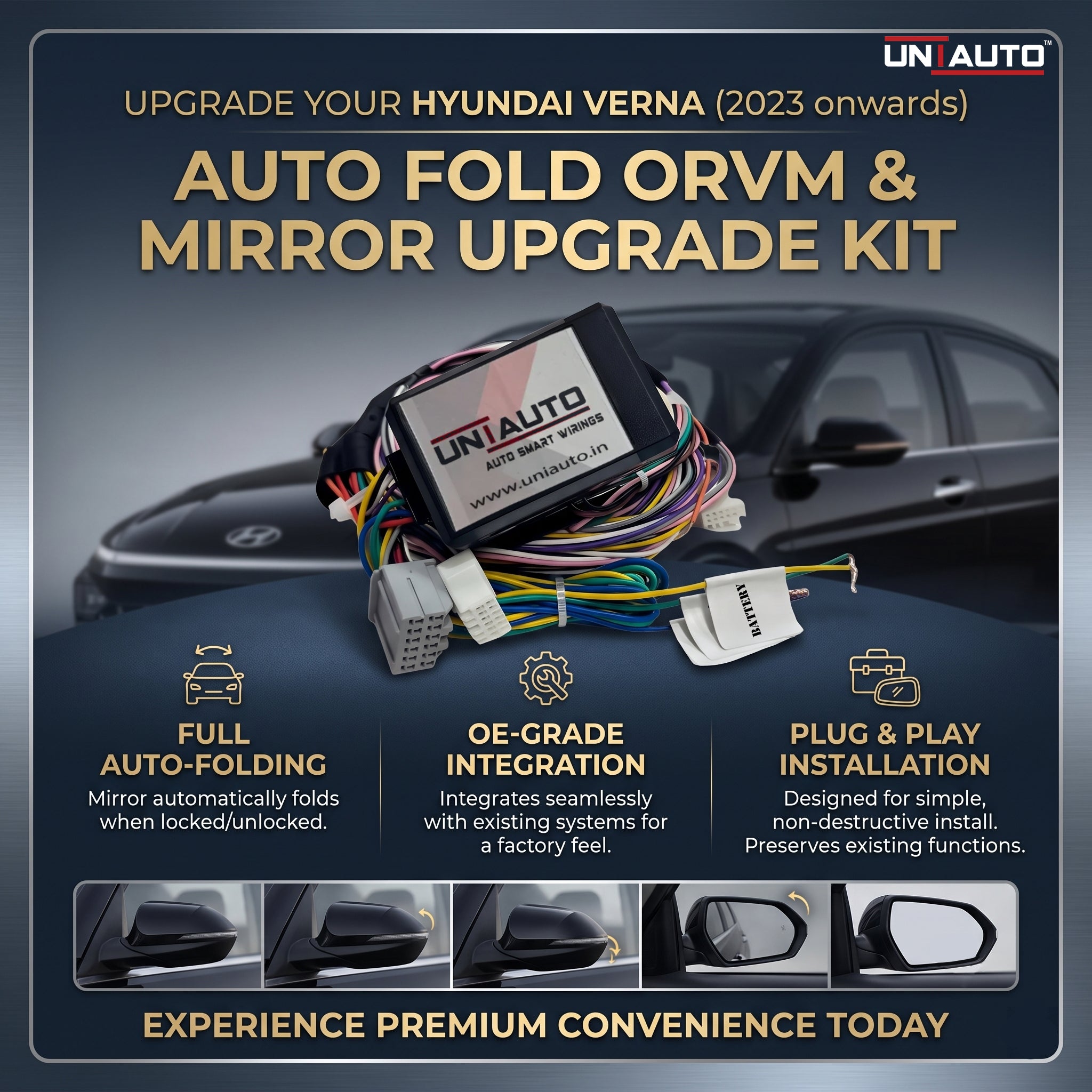 Auto Fold ORVM or Mirror Upgrade kit for Hyundai Verna 2023 onwards | Install Auto fold ORVM into Base and mid models