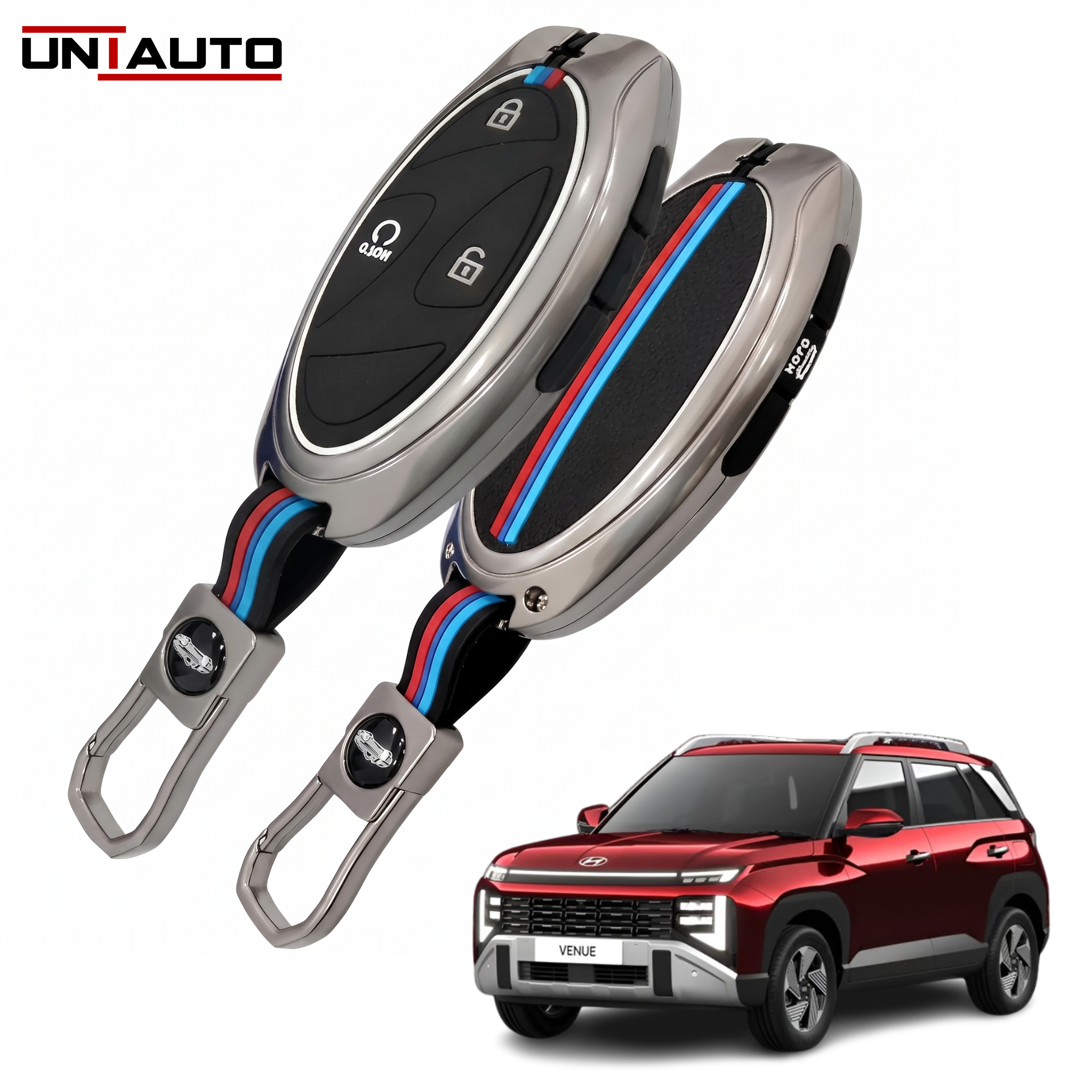 Metal Key Cover for Hyundai Venue 2025 onwards - 4 Button Smart Key (Black) | Zinc Alloy