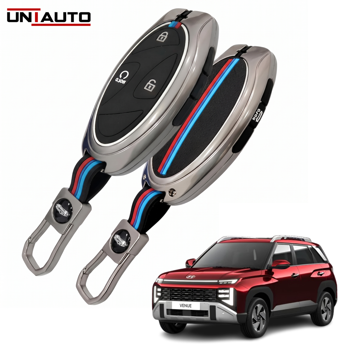 Metal Key Cover for Hyundai Venue 2025 onwards - 4 Button Smart Key (Black) | Zinc Alloy
