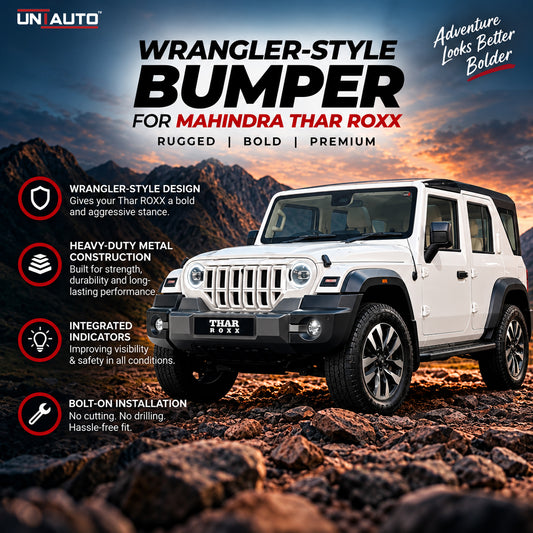 مصد بنمط "رانجلر" من مادة ABS لسيارة ماهيندرا ثار روكس (Mahindra Thar ROXX) | متوافق مع الوسائد الهوائية والمستشعرات | تصميم جاهز لتركيب الرافعة (Winch)
