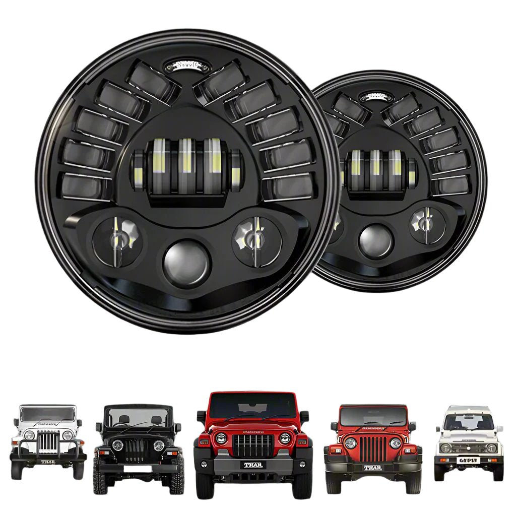 7inch Eagle Style LED Headlight 120W (H4 Plug) | High Beam | Low Beam | White DRL | Yellow Indicator for Thar
