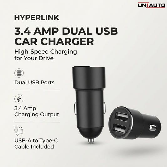 شاحن سيارة هايبر لينك بمنفذين USB بقدرة 3.4 أمبير مع كابل USB-A إلى Type C - شحن سريع بقدرة 3.4 أمبير