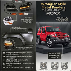 Wrangler-Style Metal Fenders with Led Indicators for Mahindra Thar ROXX | Bolt on Design, No need of Fabrication.