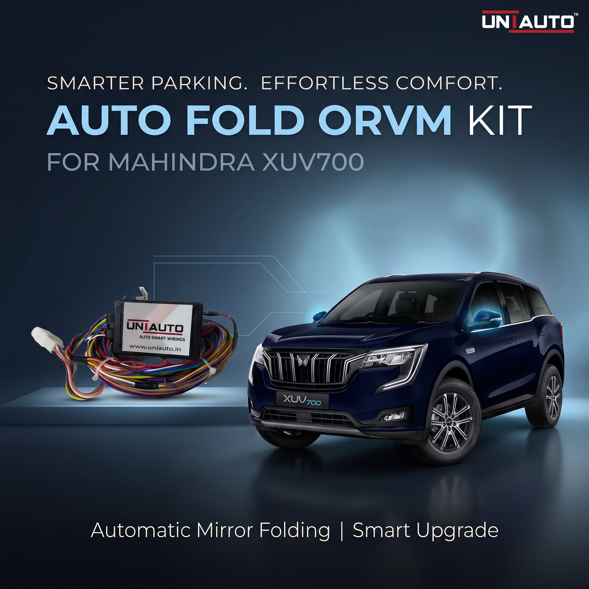 طقم ترقية المرايا الجانبية القابلة للطي تلقائياً (ORVM) لسيارة ماهيندرا XUV700 | تركيب مرايا جانبية قابلة للطي تلقائياً في الطرازات الأساسية والمتوسطة