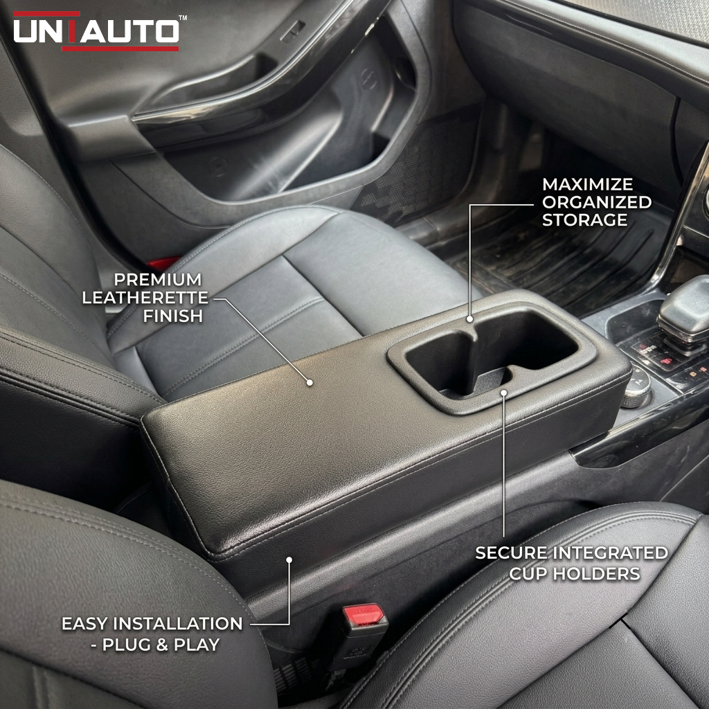 Extended Arm Rest with Dual Cup Holder for Tata Curvv EV | Premium Leatherette Console Armrest Storage cover