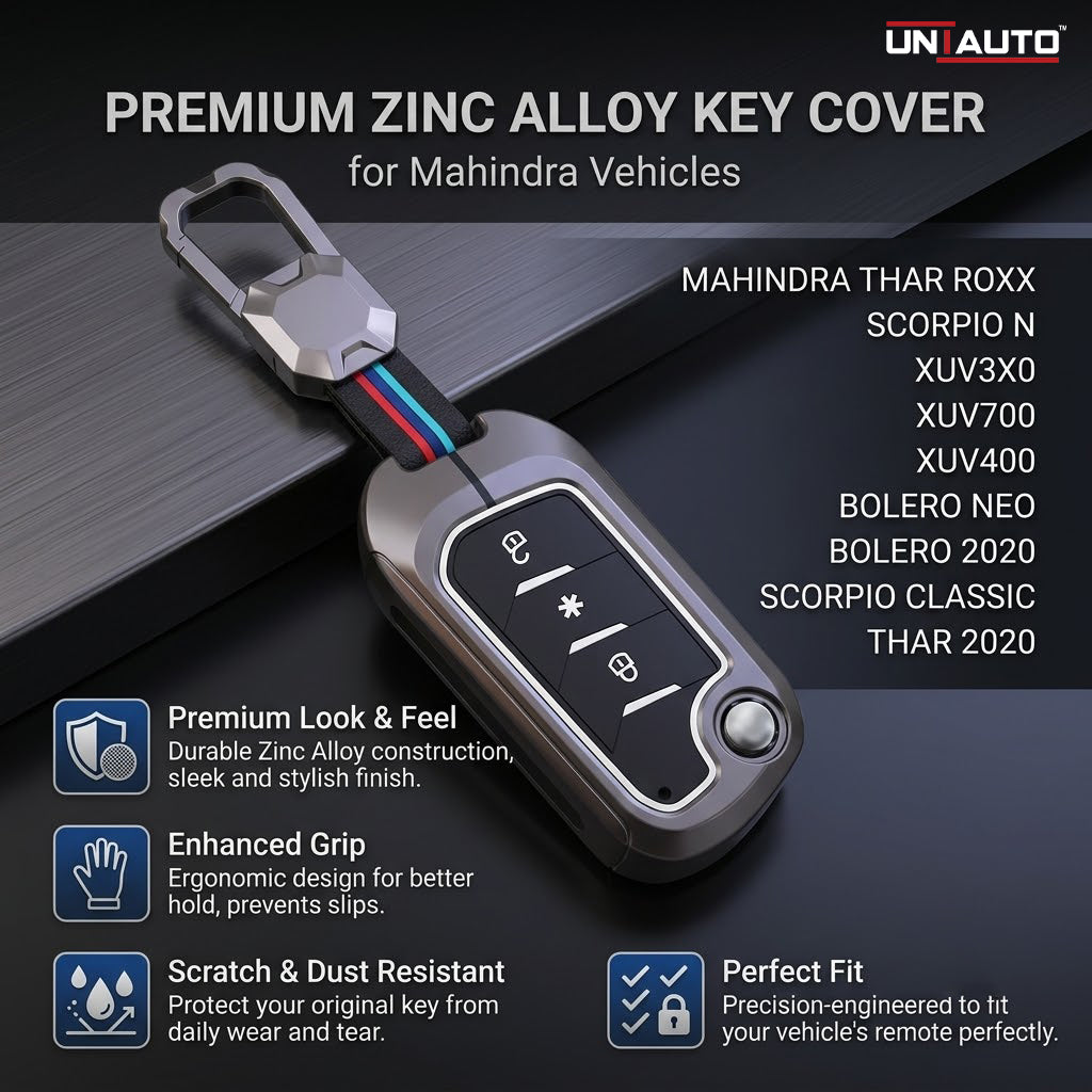 Metal Key Cover for Mahindra Thar Roxx, Scorpio N, XUV3X0, XUV700, XUV400, Bolero Neo, Bolero 2020, Scorpio Classic, Thar 2020 | Zinc Alloy