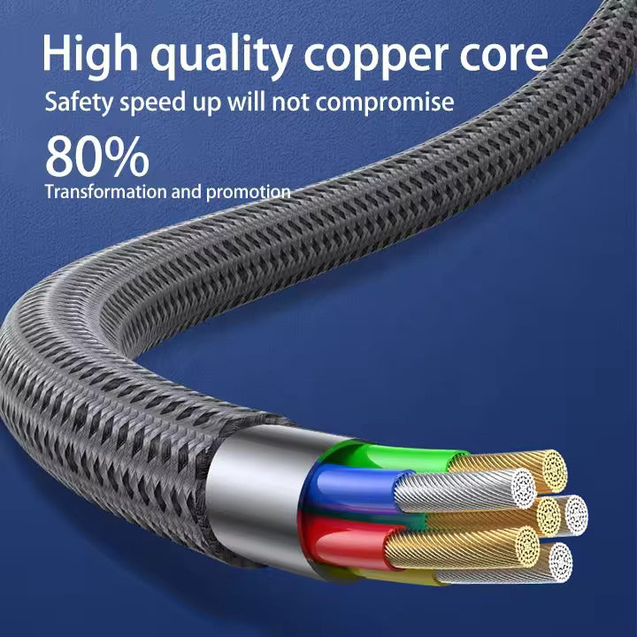 HyperLink 3 in 1 USB Data Cable with a C-Type Port, Lightning Port and Cigarette Lighter | 120W Compatible | Threaded Cable |